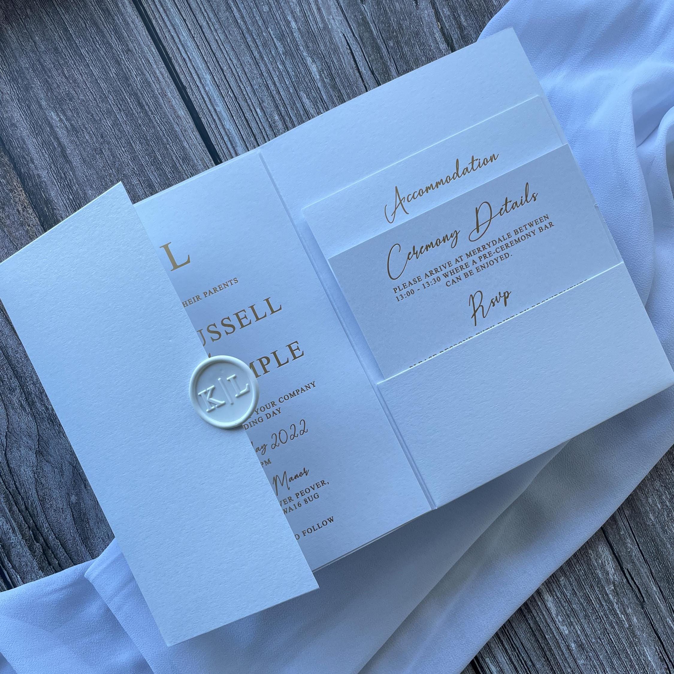 Modern Mimimalist White and Gold Foil Wedding Invitation with Inserts and Wax Seal | Modern Invite | Wedding Invitation | Gold foiled invite image 1
