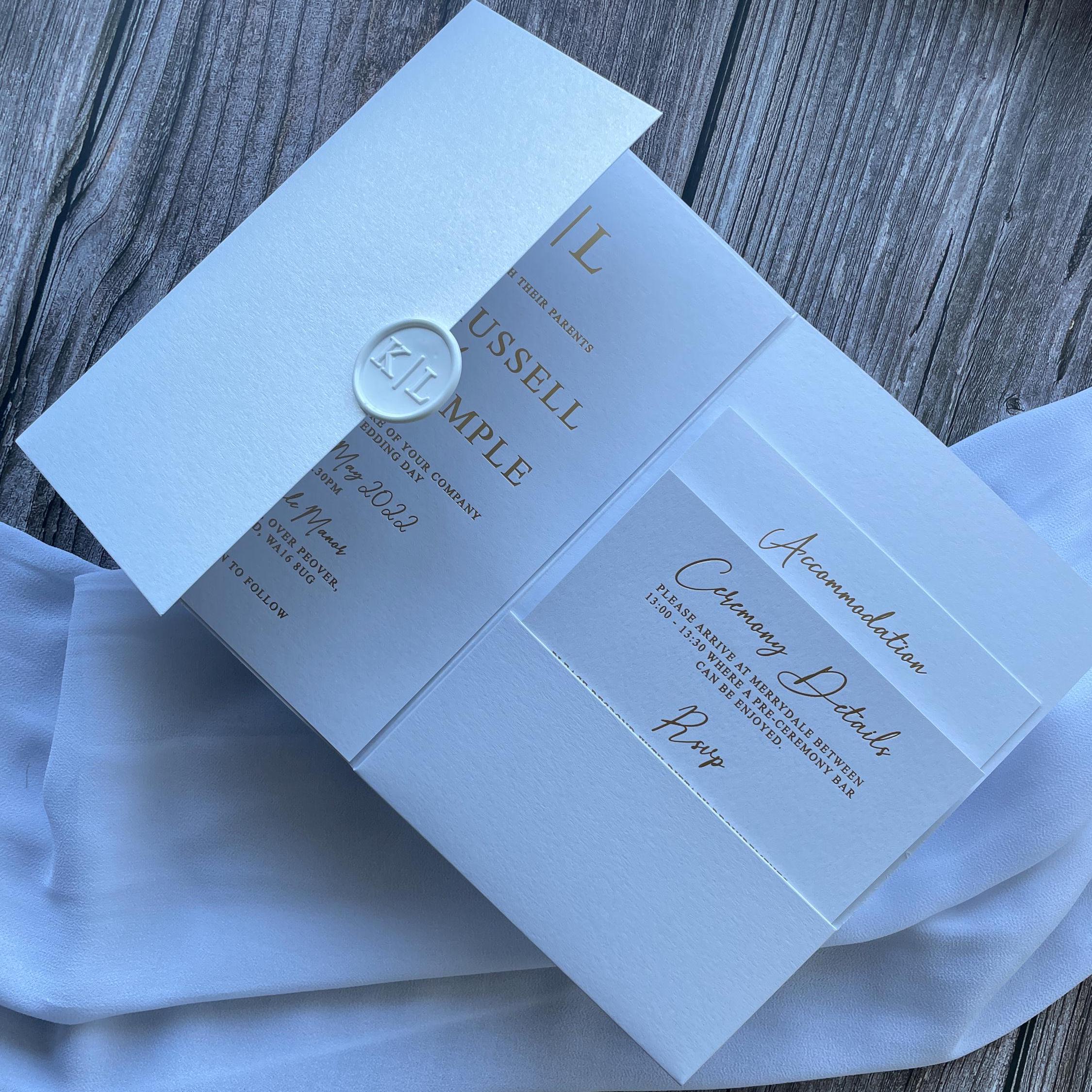 Modern Mimimalist White and Gold Foil Wedding Invitation with Inserts and Wax Seal | Modern Invite | Wedding Invitation | Gold foiled invite thumbnail 2