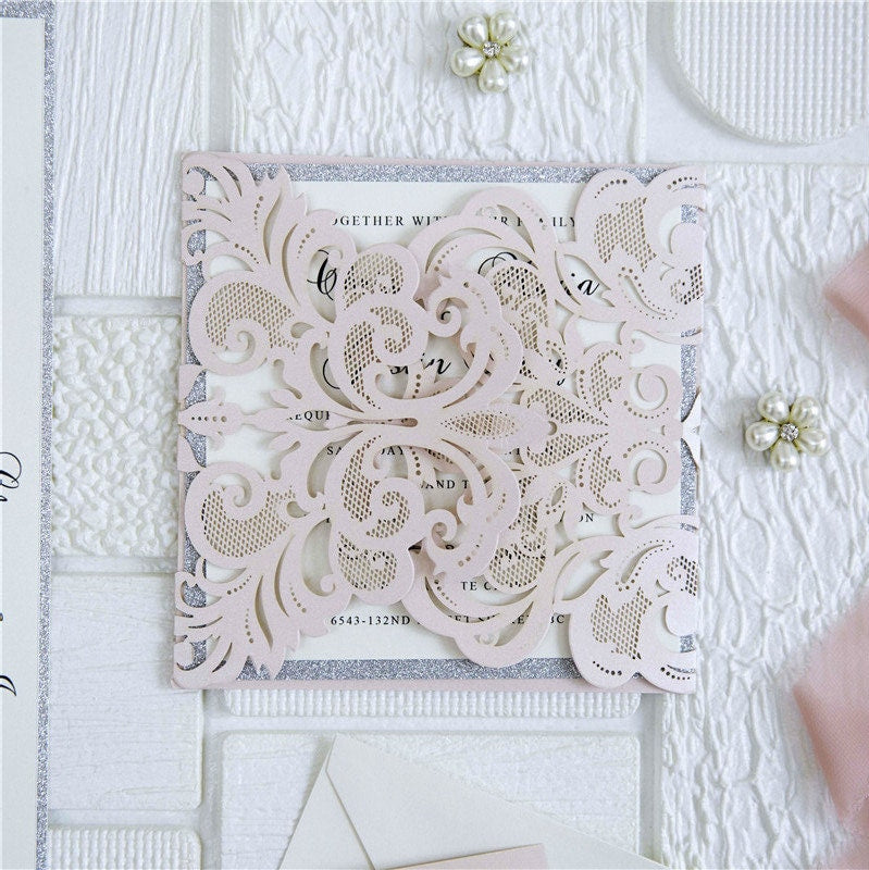 Blush Pink Laser Cut Wedding Invitation with Silver Glitter thumbnail 2