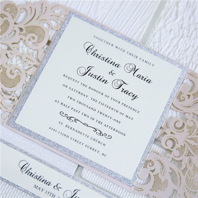 Blush Pink Laser Cut Wedding Invitation with Silver Glitter thumbnail 3