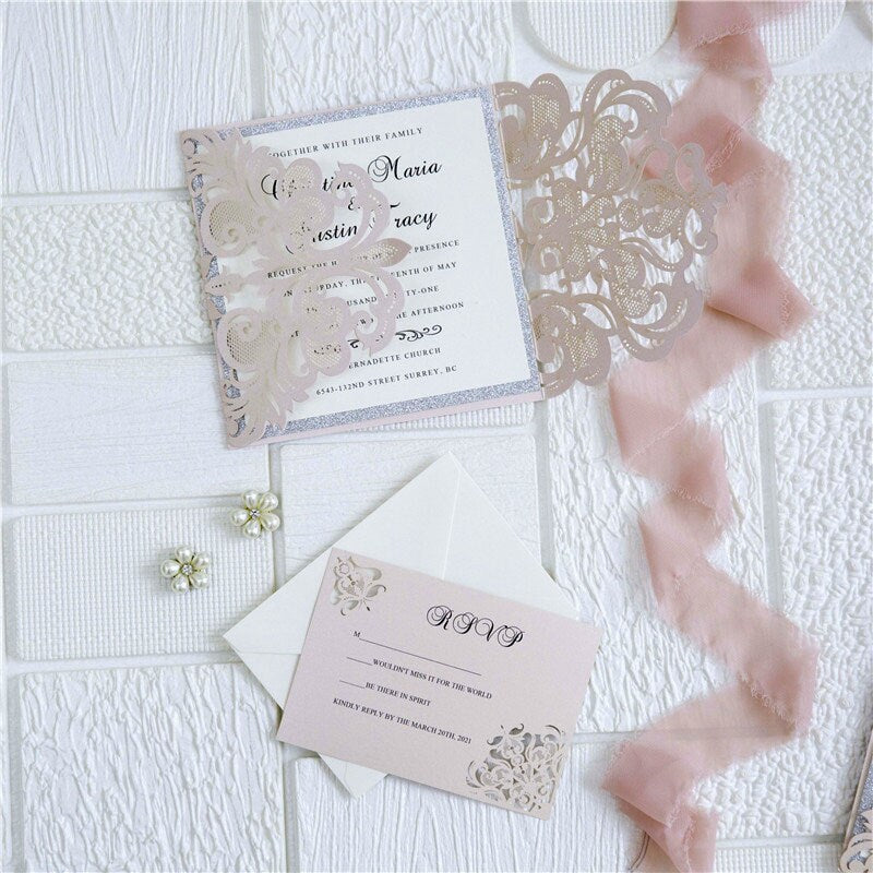 Blush Pink Laser Cut Wedding Invitation with Silver Glitter thumbnail 4