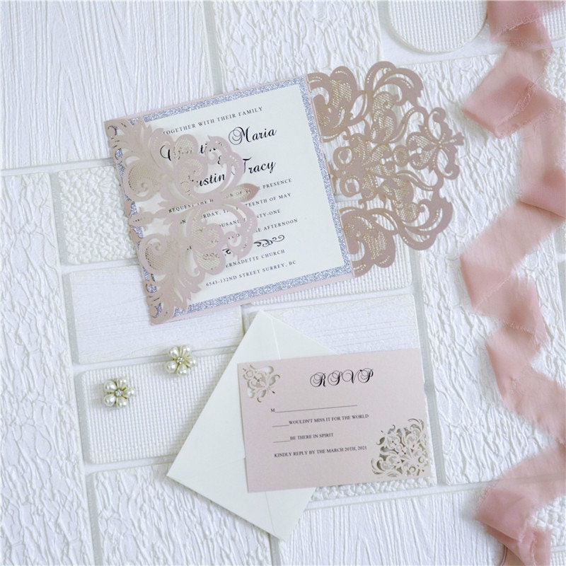 Blush Pink Laser Cut Wedding Invitation with Silver Glitter thumbnail 5