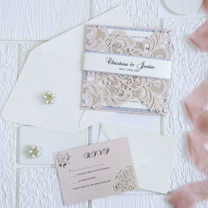 Blush Pink Laser Cut Wedding Invitation with Silver Glitter thumbnail 6