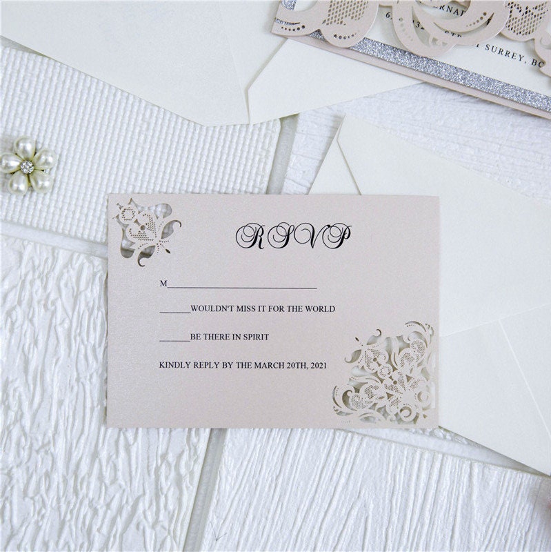 Blush Pink Laser Cut Wedding Invitation with Silver Glitter thumbnail 7