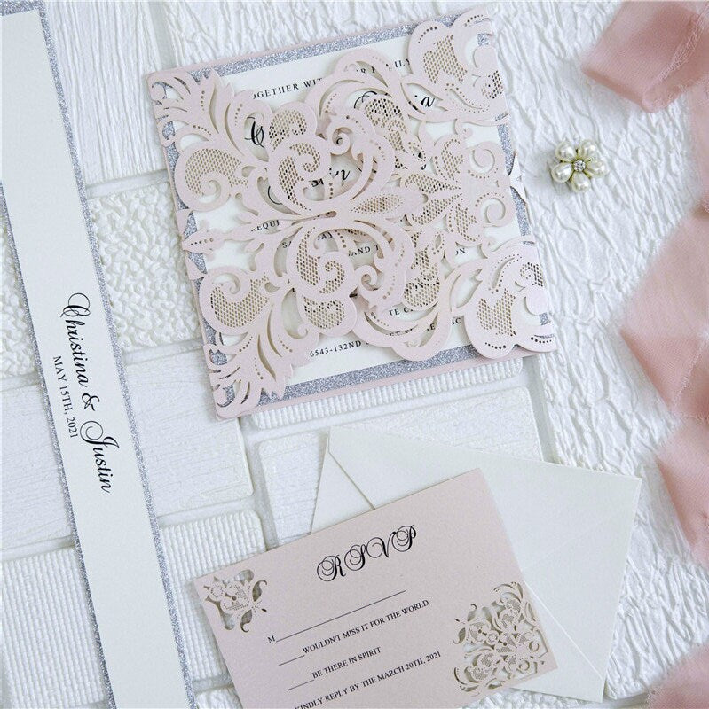 Blush Pink Laser Cut Wedding Invitation with Silver Glitter thumbnail 8