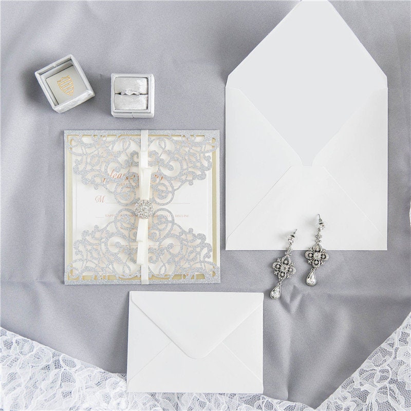 Silver Glitter Gatefold Lasercut Wedding Invitation with Diamanté Detail Embellishment & Ivory Ribbon thumbnail 2