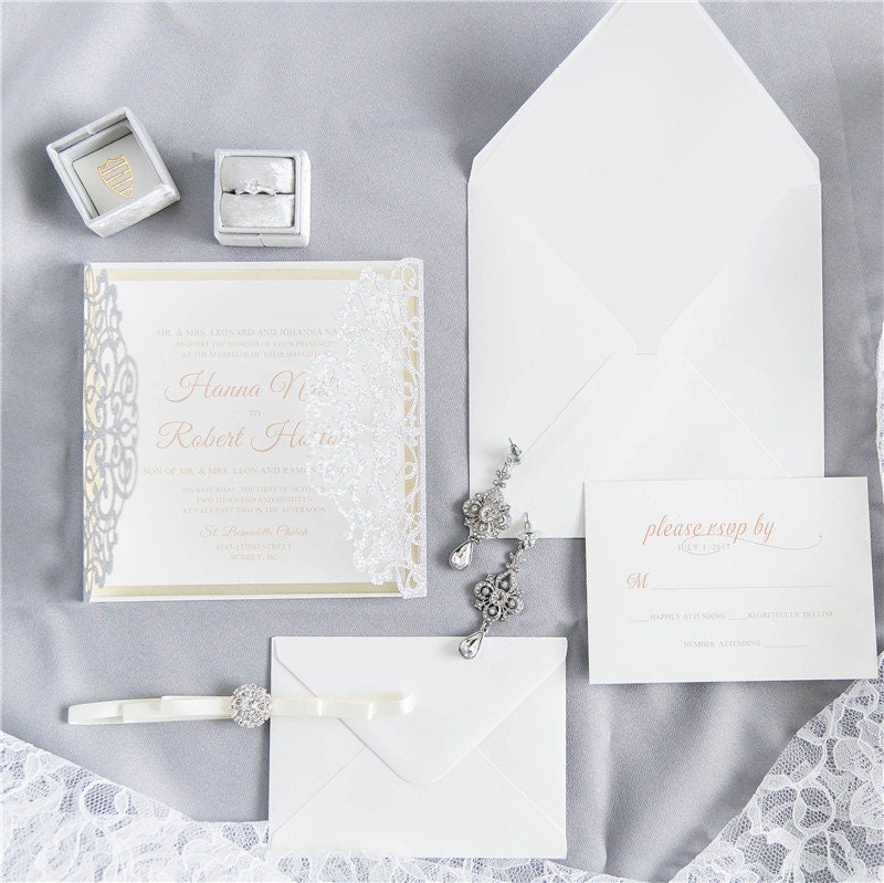 Silver Glitter Gatefold Lasercut Wedding Invitation with Diamanté Detail Embellishment & Ivory Ribbon thumbnail 3