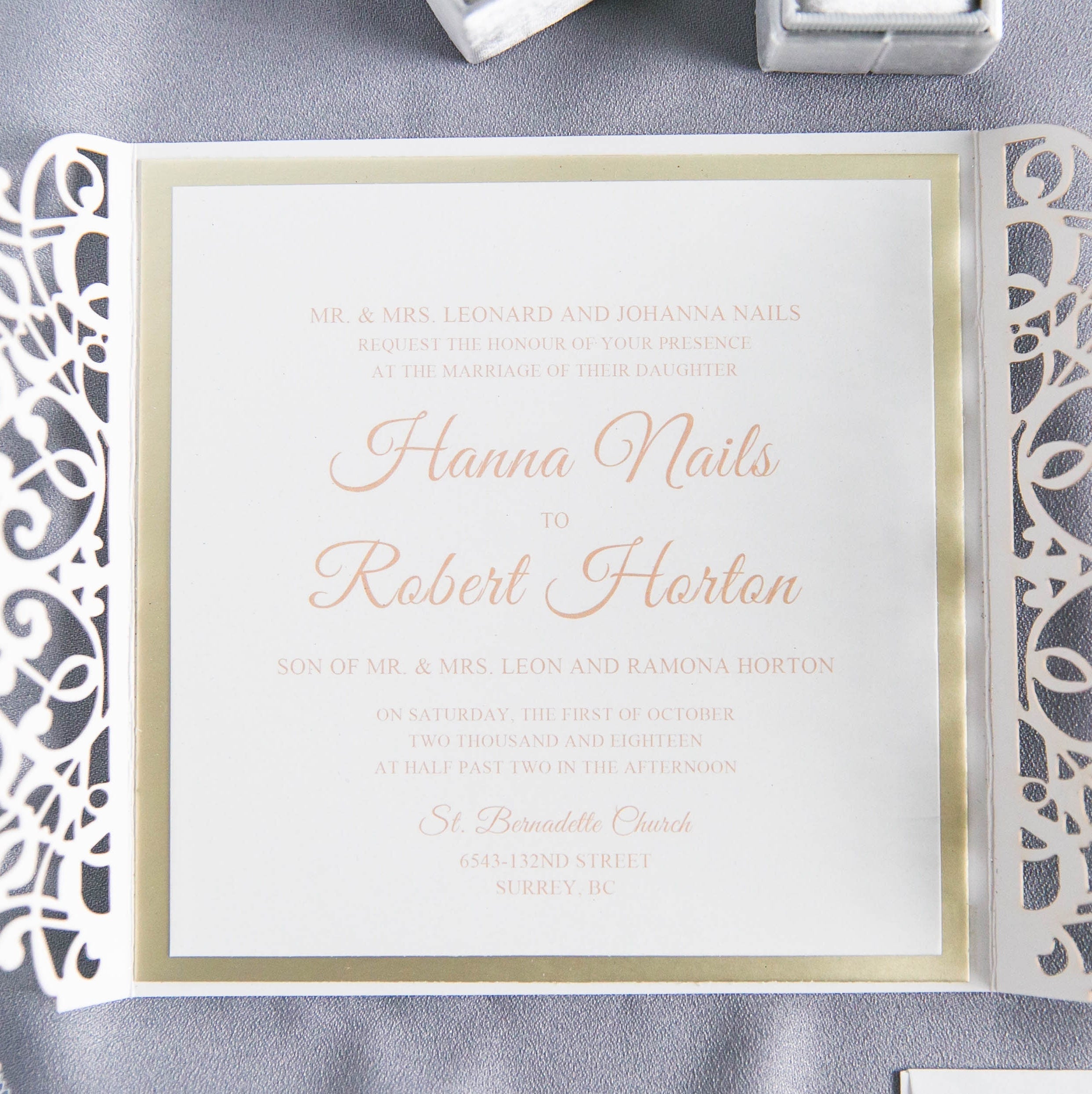 Silver Glitter Gatefold Lasercut Wedding Invitation with Diamanté Detail Embellishment & Ivory Ribbon thumbnail 4