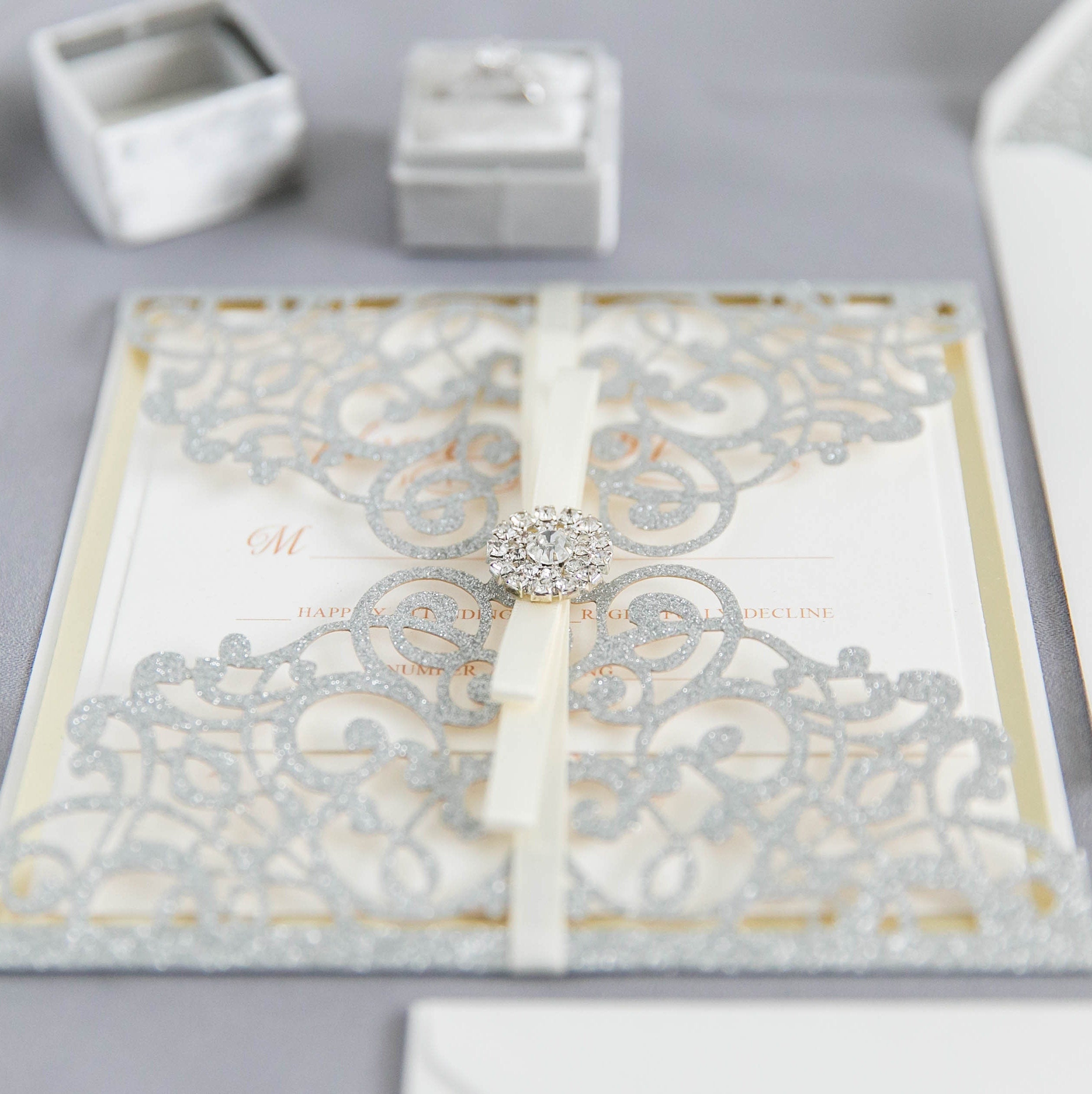 Silver Glitter Gatefold Lasercut Wedding Invitation with Diamanté Detail Embellishment & Ivory Ribbon thumbnail 5