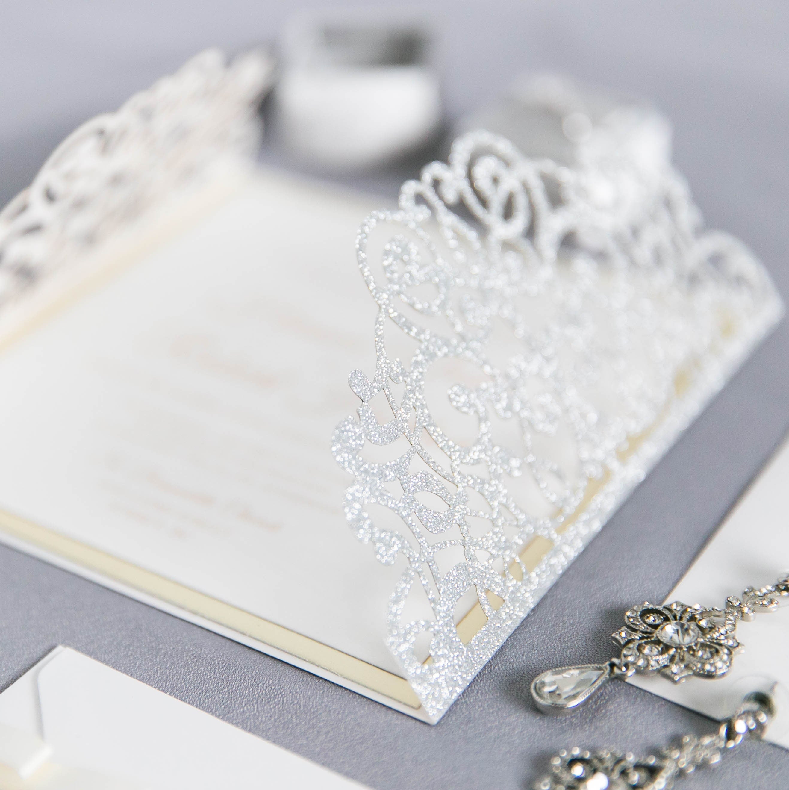 Silver Glitter Gatefold Lasercut Wedding Invitation with Diamanté Detail Embellishment & Ivory Ribbon thumbnail 6