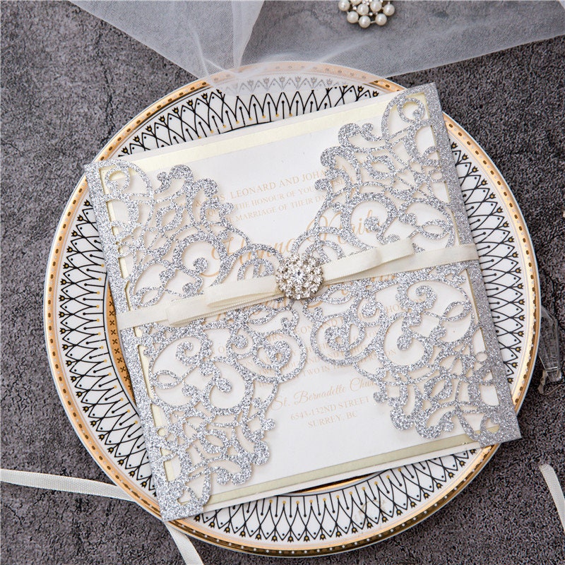 Silver Glitter Gatefold Lasercut Wedding Invitation with Diamanté Detail Embellishment & Ivory Ribbon thumbnail 8