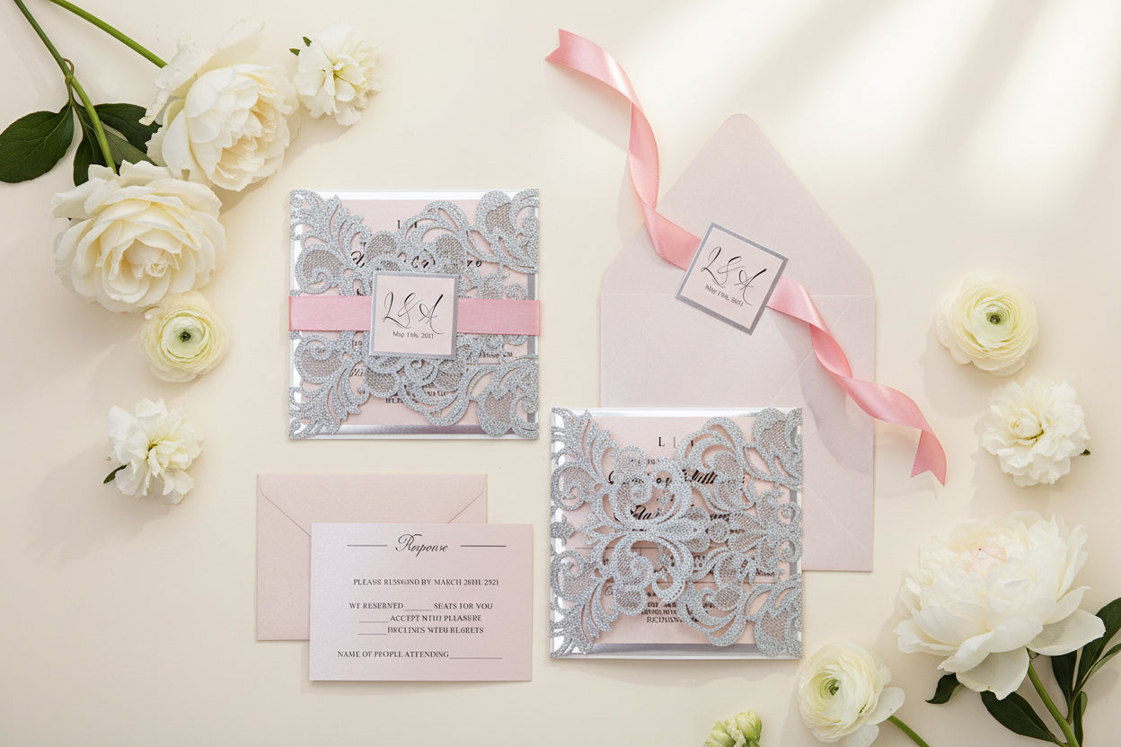 Silver Glitter & Pink Ribbon Lasercut Wedding Invitation with Silver Mirror Detailing image 1