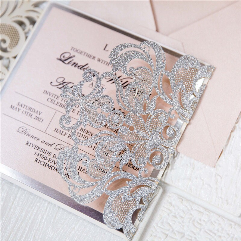Silver Glitter & Pink Ribbon Lasercut Wedding Invitation with Silver Mirror Detailing thumbnail 2