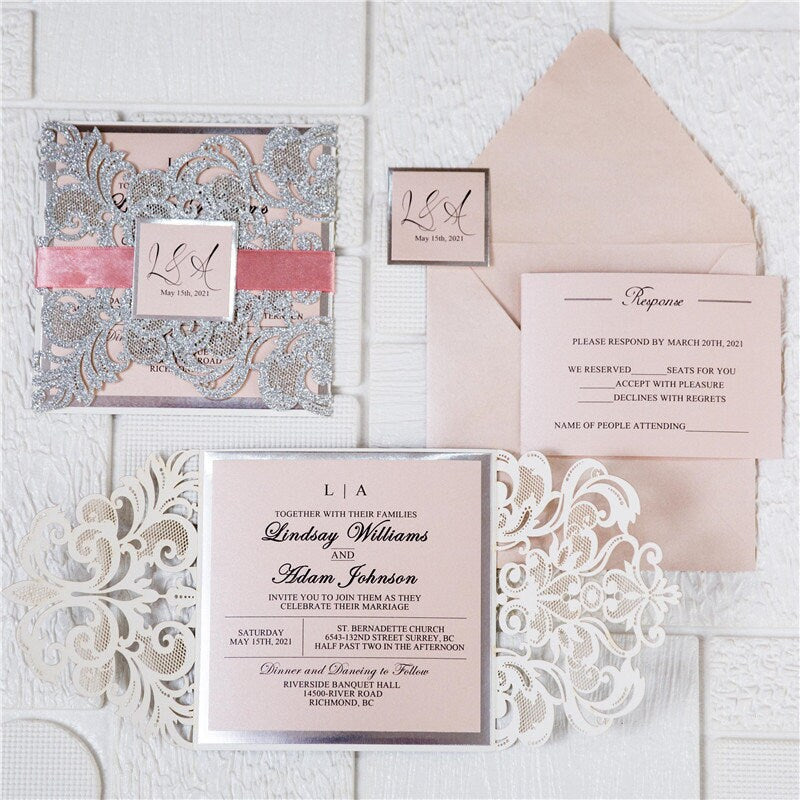 Silver Glitter & Pink Ribbon Lasercut Wedding Invitation with Silver Mirror Detailing thumbnail 3
