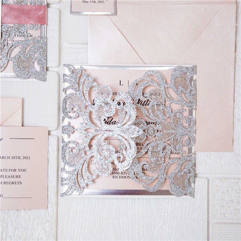 Silver Glitter & Pink Ribbon Lasercut Wedding Invitation with Silver Mirror Detailing thumbnail 4