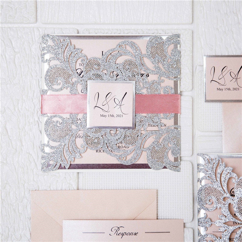 Silver Glitter & Pink Ribbon Lasercut Wedding Invitation with Silver Mirror Detailing thumbnail 5