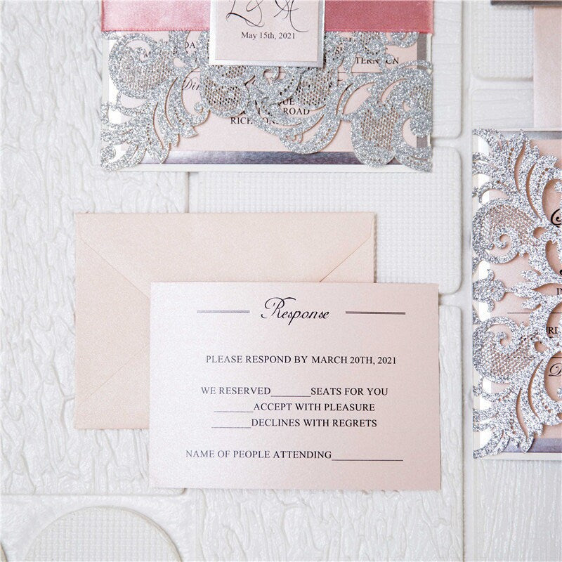 Silver Glitter & Pink Ribbon Lasercut Wedding Invitation with Silver Mirror Detailing thumbnail 6