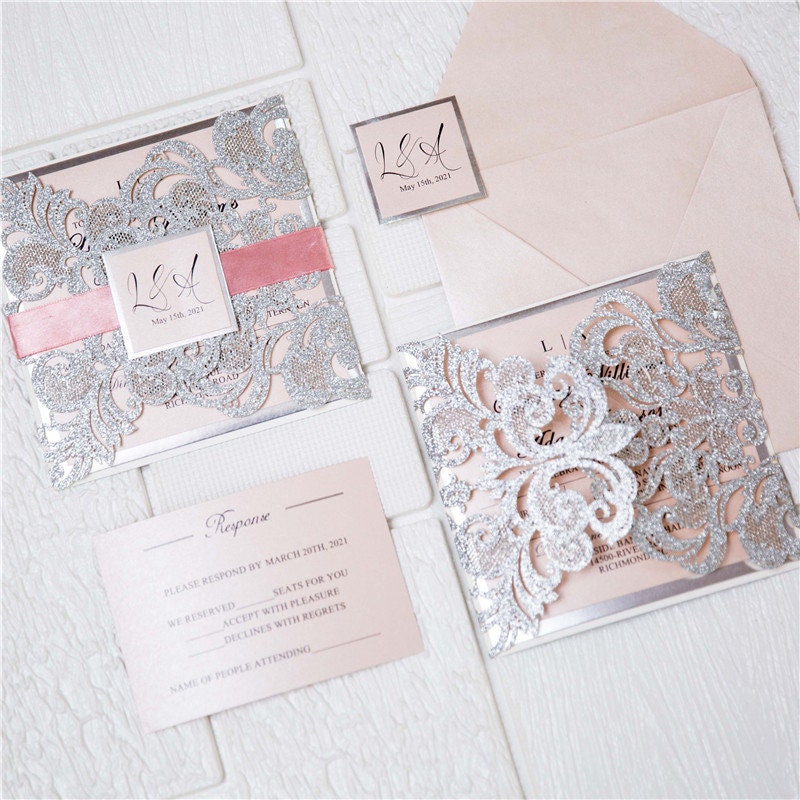 Silver Glitter & Pink Ribbon Lasercut Wedding Invitation with Silver Mirror Detailing thumbnail 7