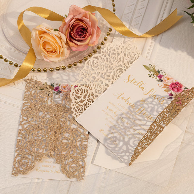Rose Gold Glitter Lasercut Wedding Invitation with Pink Florals image 1