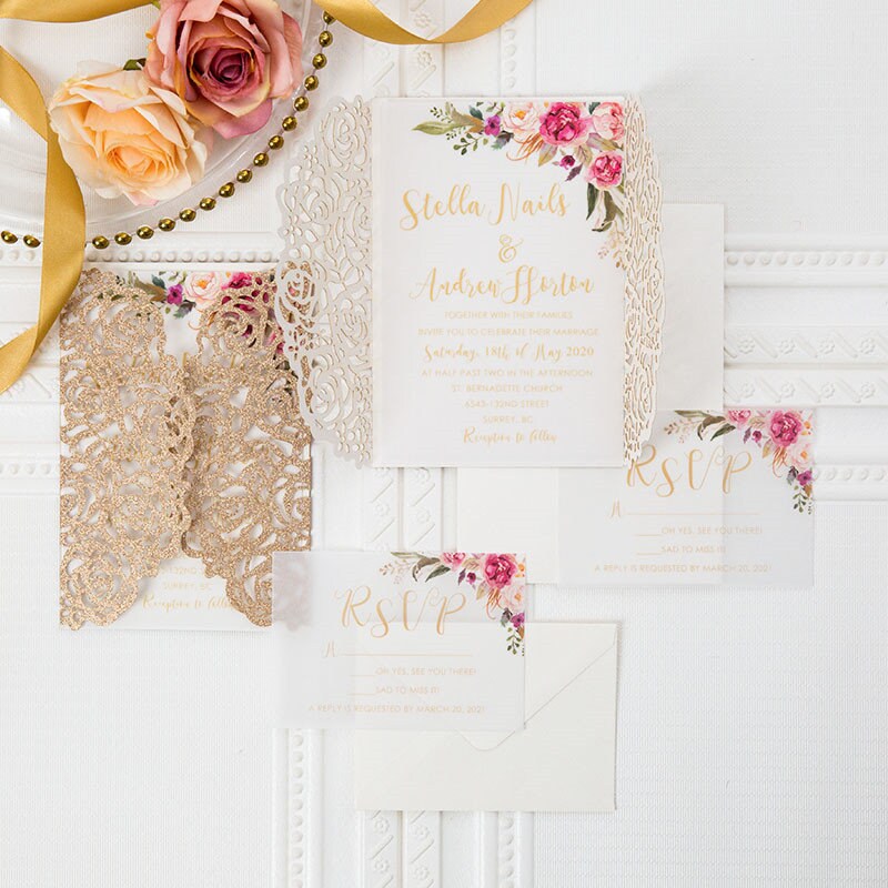 Rose Gold Glitter Lasercut Wedding Invitation with Pink Florals thumbnail 2