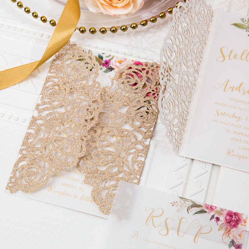 Rose Gold Glitter Lasercut Wedding Invitation with Pink Florals thumbnail 3