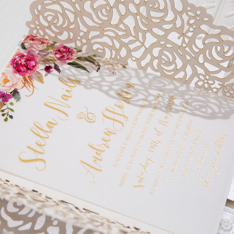 Rose Gold Glitter Lasercut Wedding Invitation with Pink Florals thumbnail 4