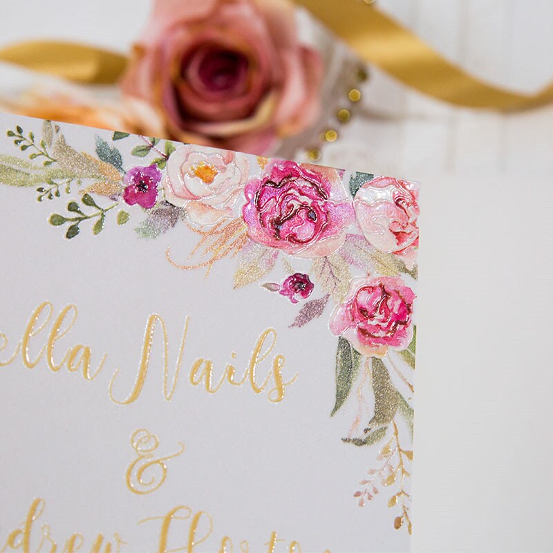 Rose Gold Glitter Lasercut Wedding Invitation with Pink Florals thumbnail 5
