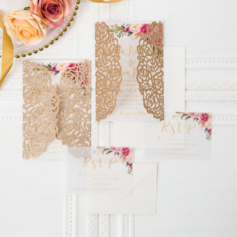 Rose Gold Glitter Lasercut Wedding Invitation with Pink Florals thumbnail 6