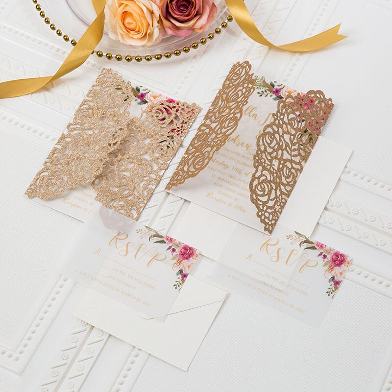 Rose Gold Glitter Lasercut Wedding Invitation with Pink Florals thumbnail 7