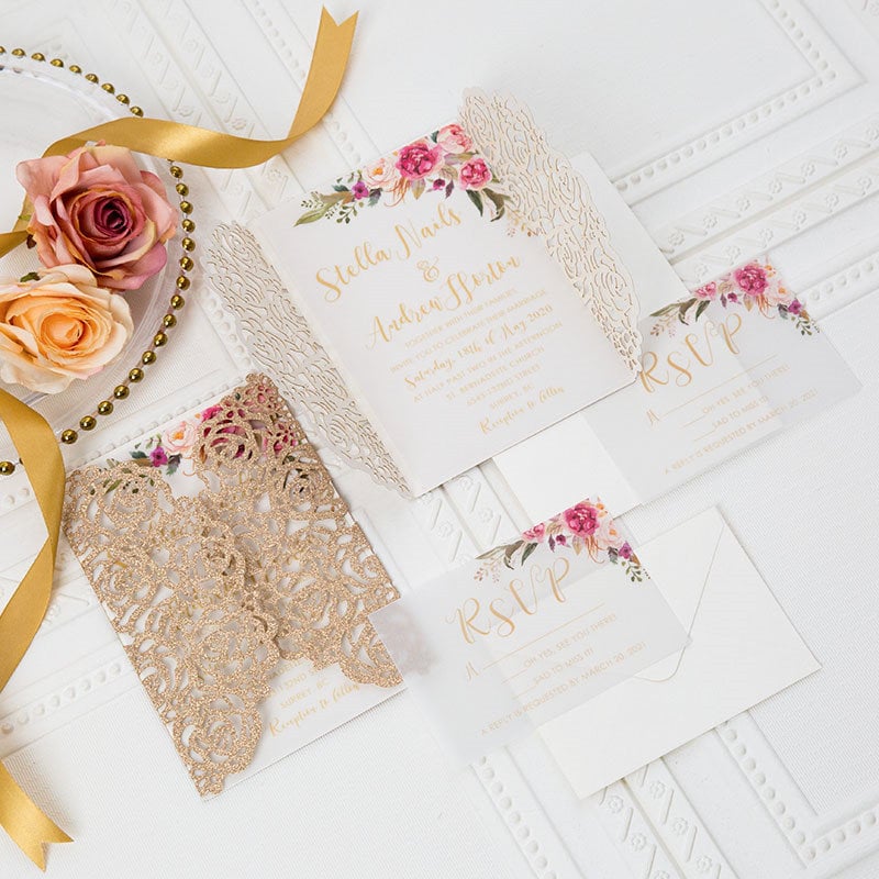 Rose Gold Glitter Lasercut Wedding Invitation with Pink Florals thumbnail 8