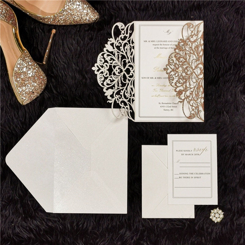 Rose Gold Glitter & White Delicate Lasercut Gatefold Wedding Invite thumbnail 2