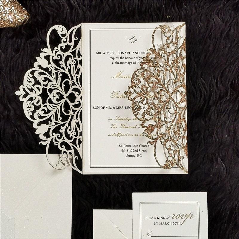 Rose Gold Glitter & White Delicate Lasercut Gatefold Wedding Invite thumbnail 3