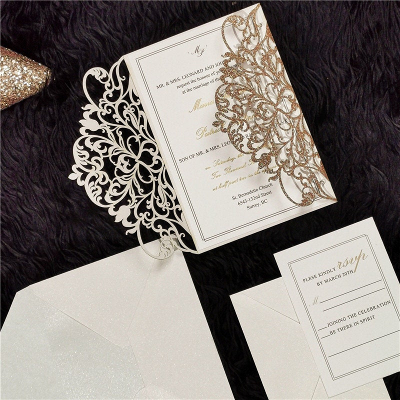 Rose Gold Glitter & White Delicate Lasercut Gatefold Wedding Invite thumbnail 4