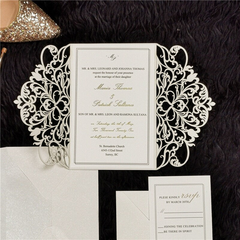 Rose Gold Glitter & White Delicate Lasercut Gatefold Wedding Invite thumbnail 5
