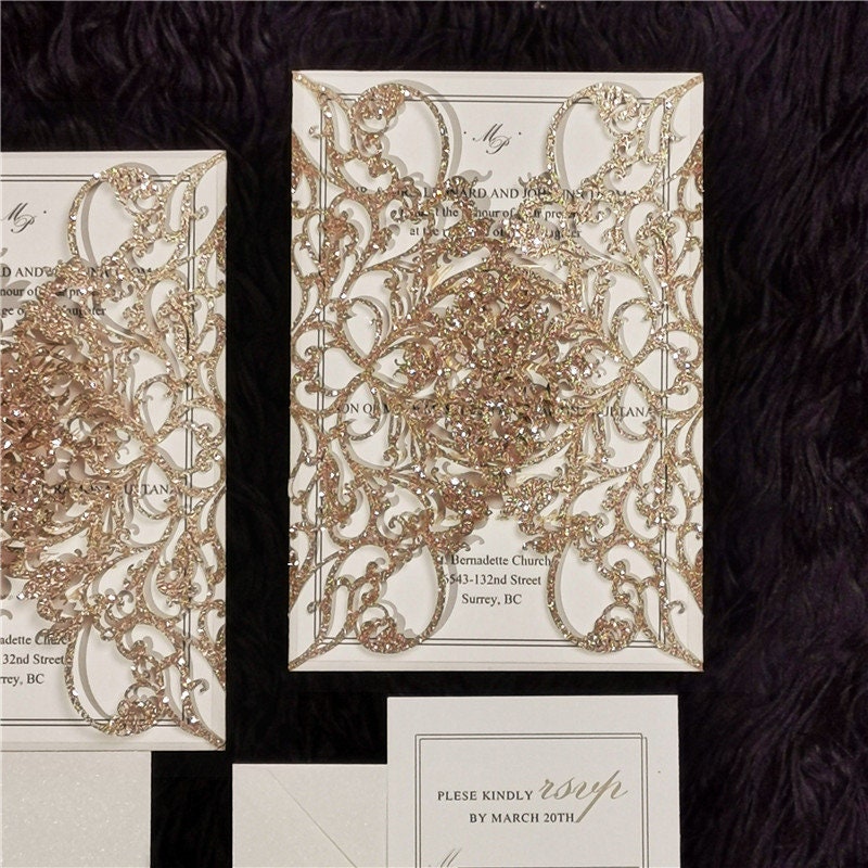 Rose Gold Glitter & White Delicate Lasercut Gatefold Wedding Invite thumbnail 6