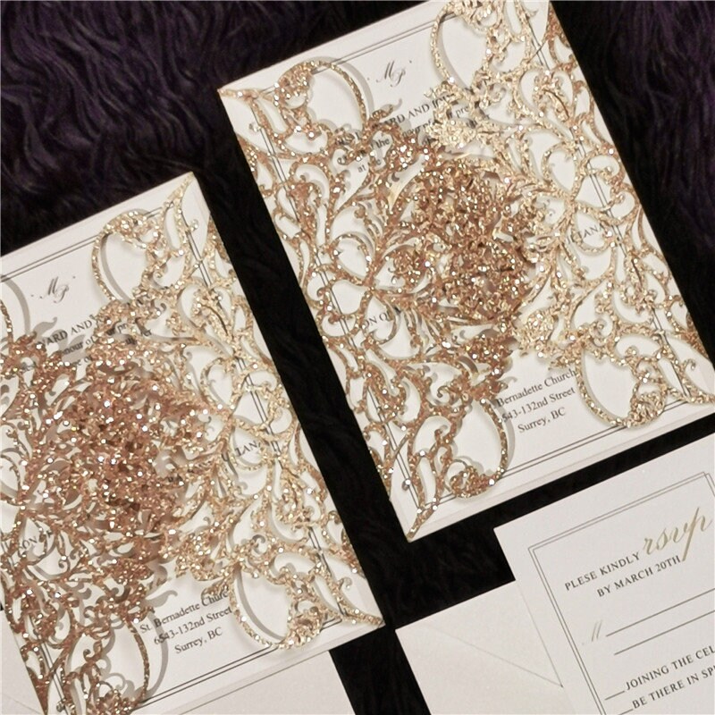 Rose Gold Glitter & White Delicate Lasercut Gatefold Wedding Invite thumbnail 7