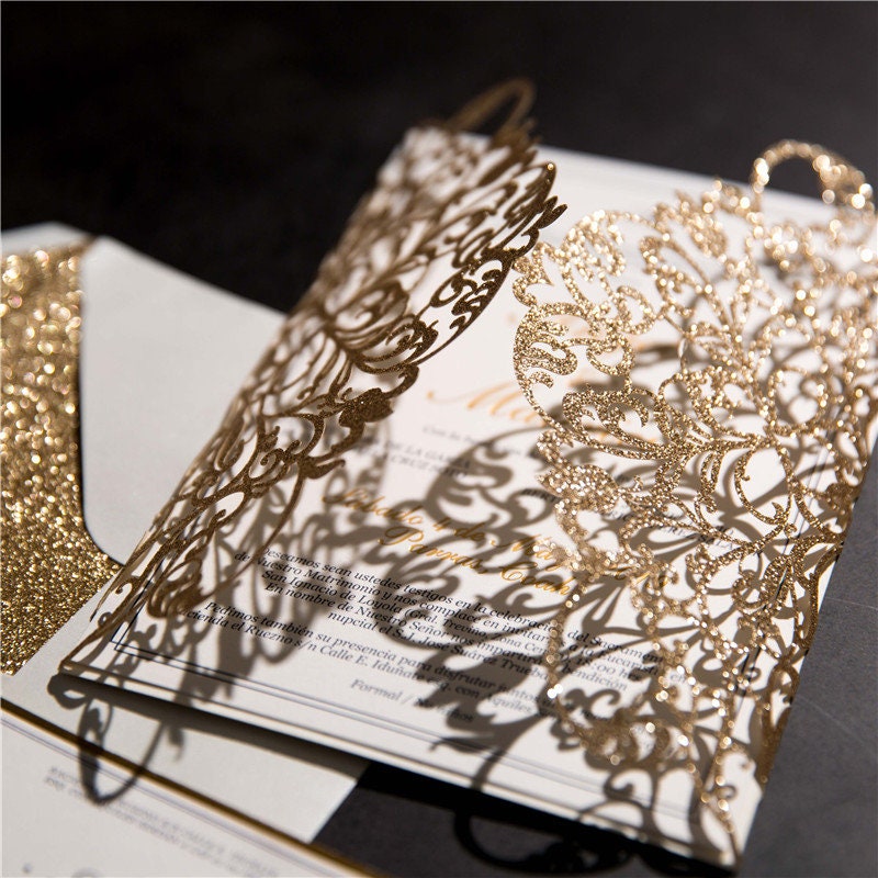 Rose Gold Glitter & White Delicate Lasercut Gatefold Wedding Invite thumbnail 8