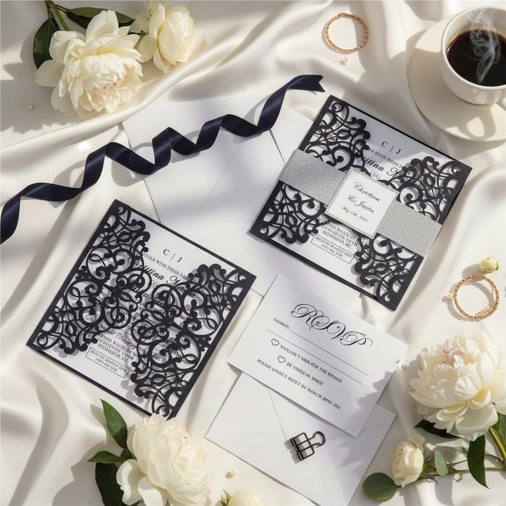 Navy Lasercut Gatefold Wedding Invitation with Silver Glitter Belly Band image 1