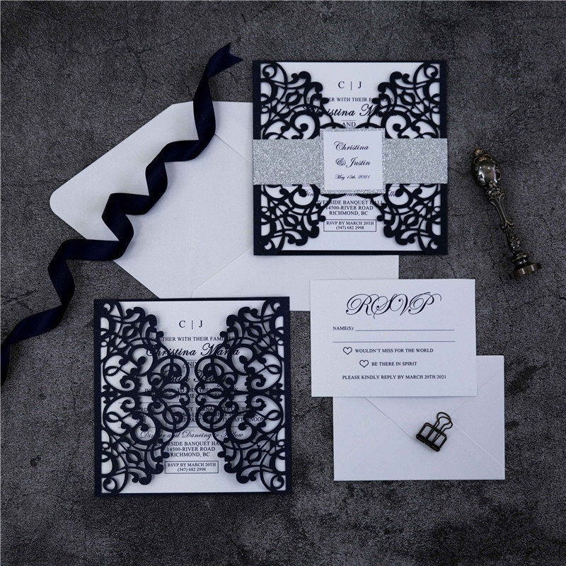 Navy Lasercut Gatefold Wedding Invitation with Silver Glitter Belly Band thumbnail 2