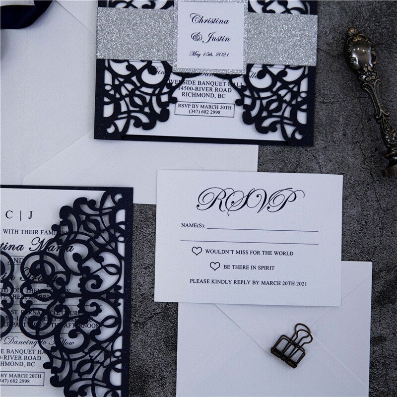 Navy Lasercut Gatefold Wedding Invitation with Silver Glitter Belly Band thumbnail 3