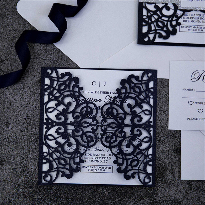 Navy Lasercut Gatefold Wedding Invitation with Silver Glitter Belly Band thumbnail 4