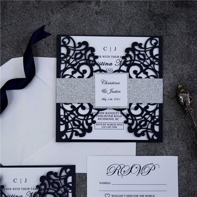 Navy Lasercut Gatefold Wedding Invitation with Silver Glitter Belly Band thumbnail 5
