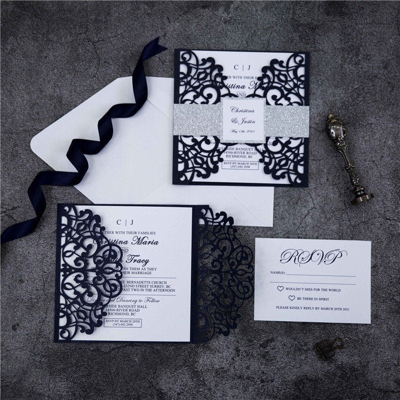 Navy Lasercut Gatefold Wedding Invitation with Silver Glitter Belly Band thumbnail 6
