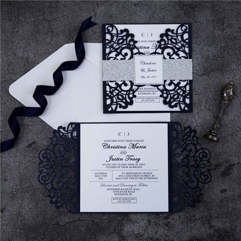Navy Lasercut Gatefold Wedding Invitation with Silver Glitter Belly Band thumbnail 7