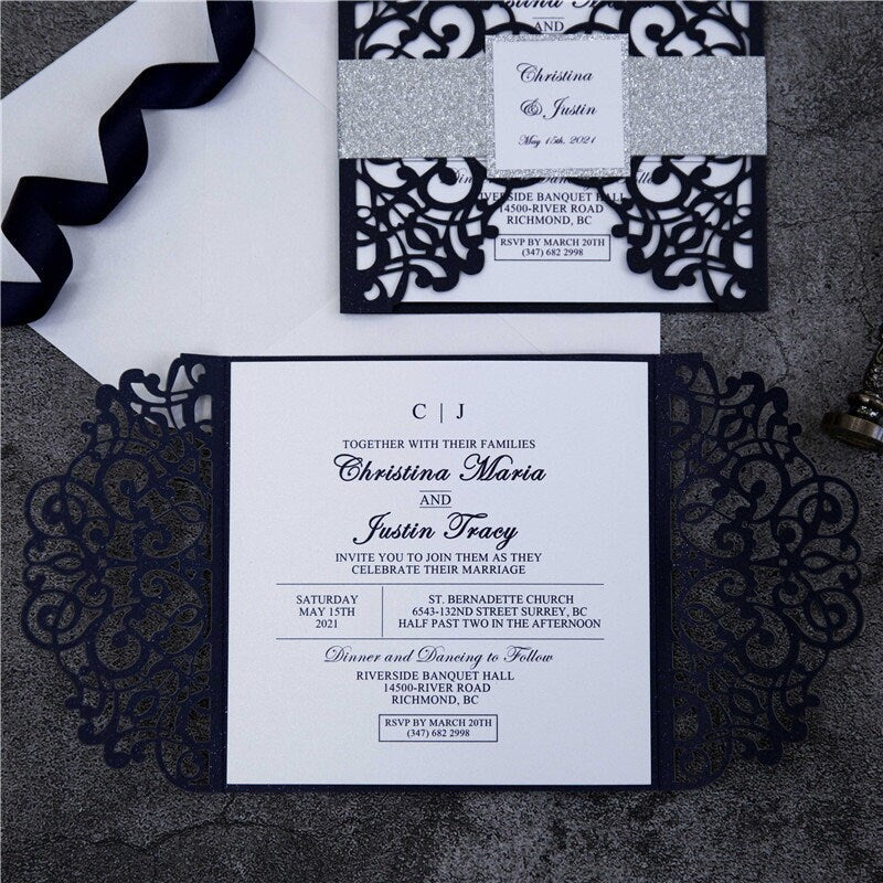 Navy Lasercut Gatefold Wedding Invitation with Silver Glitter Belly Band thumbnail 8