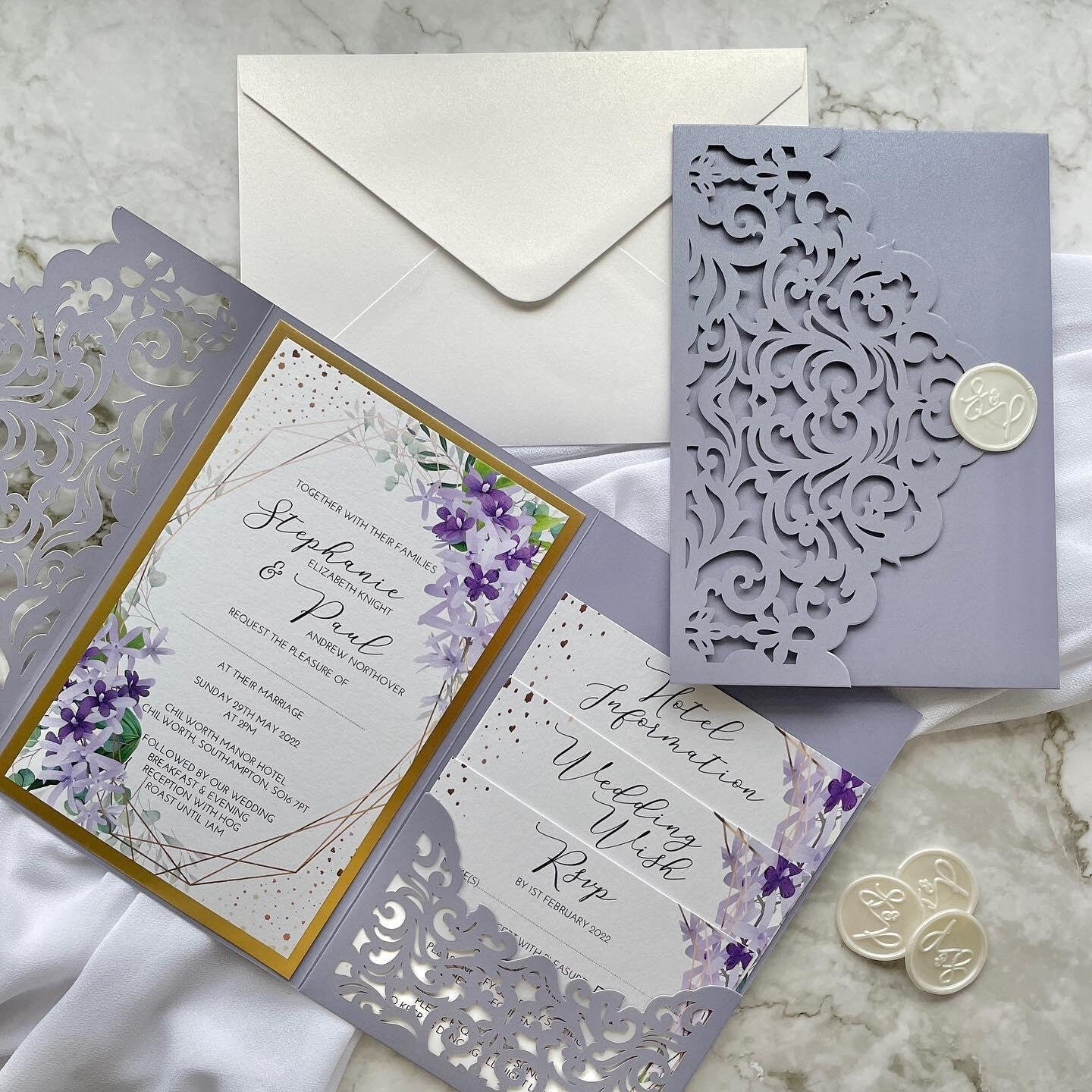Lilac Purple Lasercut Wedding Invite | Gold Detail, Floral Inserts thumbnail 2