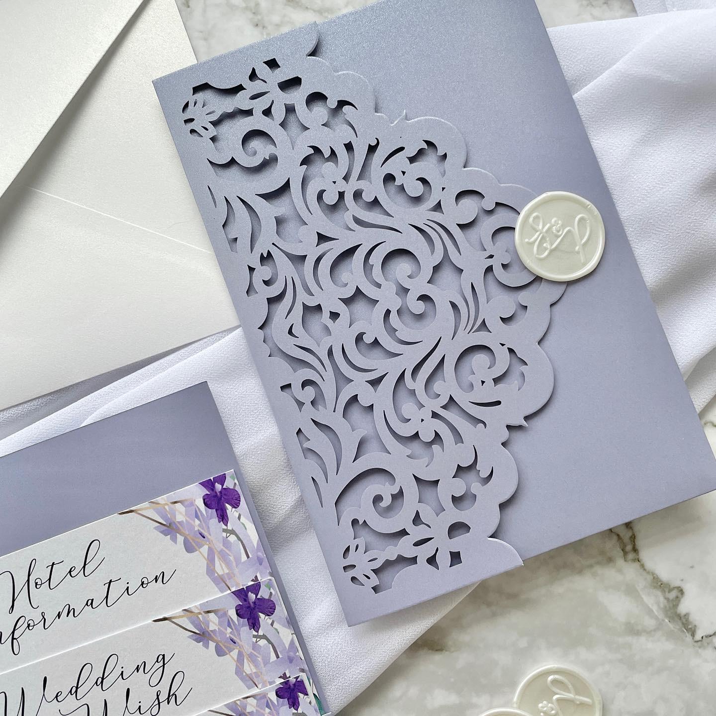 Lilac Purple Lasercut Wedding Invite | Gold Detail, Floral Inserts thumbnail 3