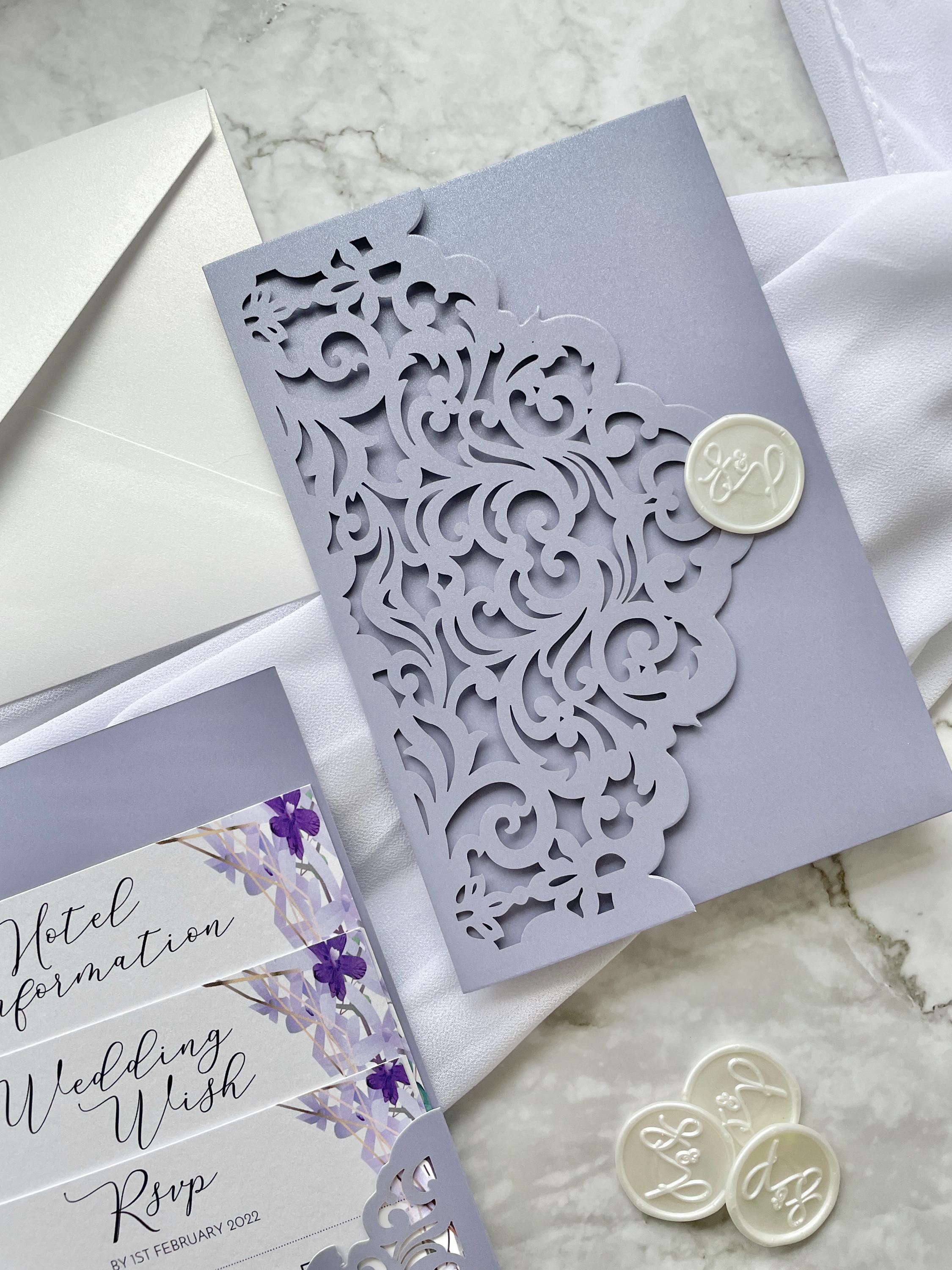 Lilac Purple Lasercut Wedding Invite | Gold Detail, Floral Inserts thumbnail 4