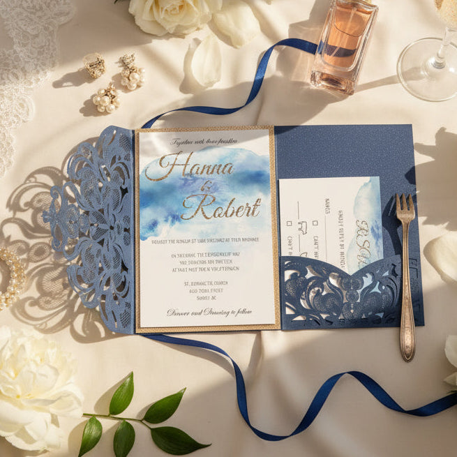 Navy Laser Cut Wedding Invitation, Watercolour & Gold Glitter image 1
