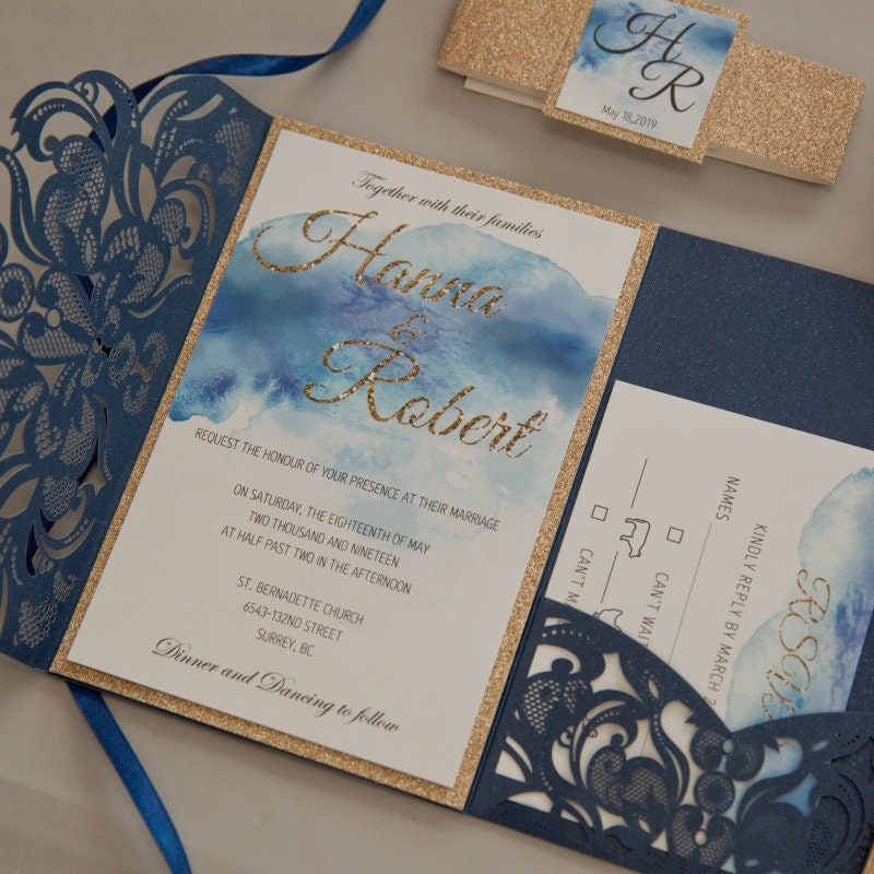 Navy Laser Cut Wedding Invitation, Watercolour & Gold Glitter thumbnail 2